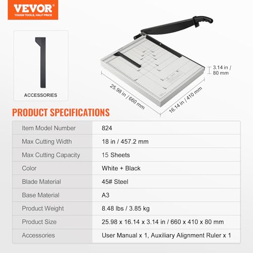 VEVOR Paper Cutter, 18 in Cut Length Guillotine Trimmer, 15-Sheet Capacity, Heavy-Duty Paper Cutter with Security Guard Rail/Blade Lock, Paper Trimmer for Cardstock, Cardboard, Home, Office & School