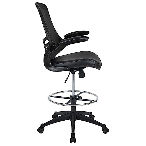 BizChair Mid-Back Black Mesh Ergonomic Drafting Chair with LeatherSoft Seat, Adjustable Foot Ring and Flip-Up Arms