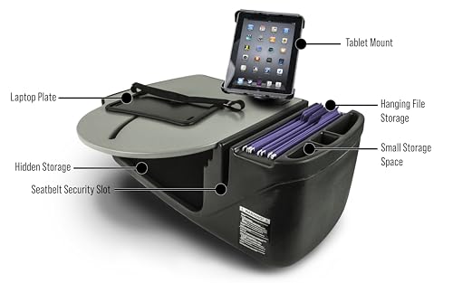 AutoExec Roadmaster Car Desk and Portable Workstation with 400 watt Power Inverter, Tablet Mount and Phone Vent Clip, Grey