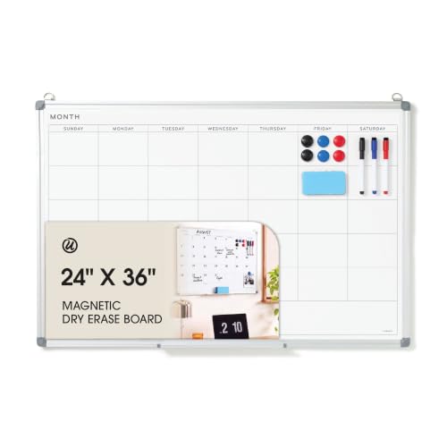 U Brands 24" x 36" Magnetic White Board Calendar, Silver Frame with Markers