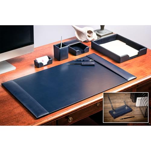 Dacasso Bonded Set Luxury Leather Desk Pad & Desk Organization Essentials, 7 Piece, Navy Blue
