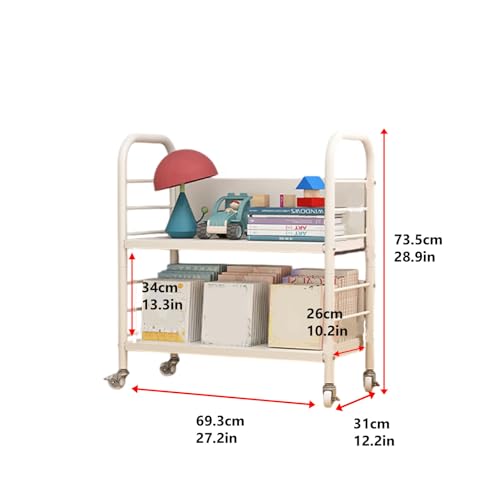 Buhelyc Library Cart Rolling Book Cart Book Storage Office Paper Storage Organizer Movable Book Rack with 4 Wheels for Office,Kitchen,Living Room,Bedroom(Size:2 Layers)