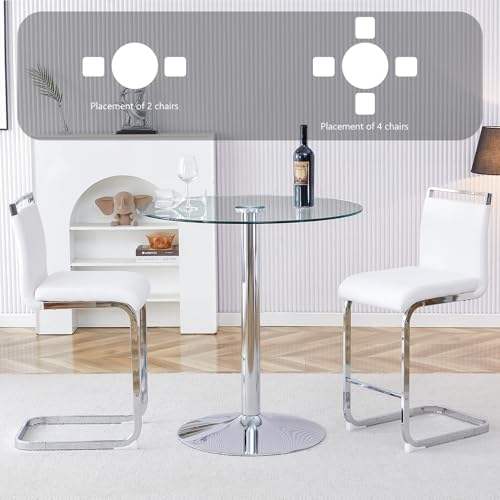 3-Piece Dining Table Set,Kitchen Glass Round Small Table with Modern PU Leather Chairs for Small Spaces（Silver Table + White Chairs）