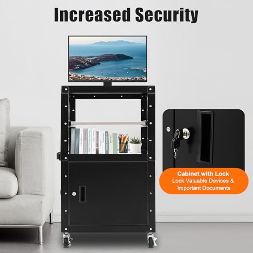Steel AV Cart with Keyboard Tary and Locking Cabinet Rolling Small Office Laptop Table with Power Socket, Adjustable Height Laptop Cart for Computer Laptop Projector Printer