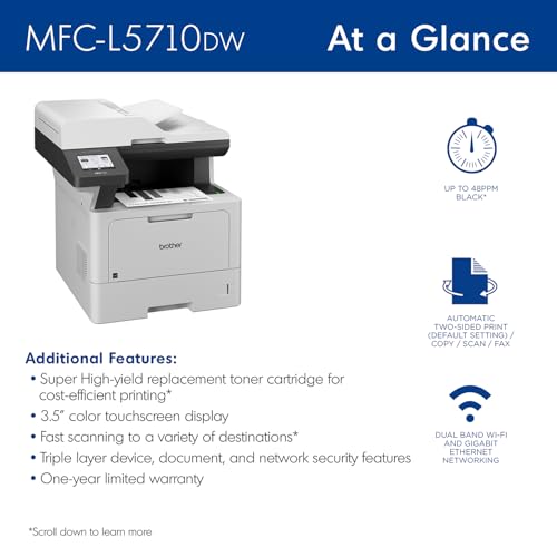 Brother MFC-L5710DW Business Monochrome Laser All-in-One Printer with Wireless Networking and Duplex Print, Scan, and Copy, Works with Alexa