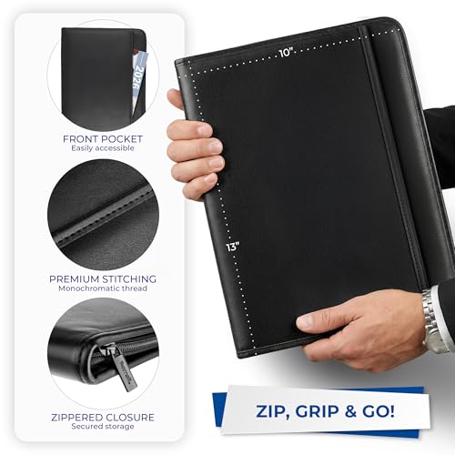 Samsill Professional Padfolio with Secure Zippered Closure, 10.1 Inch Tablet Sleeve, and 8.5 by 11 Inch Notepad, Black, Full Size (70820)