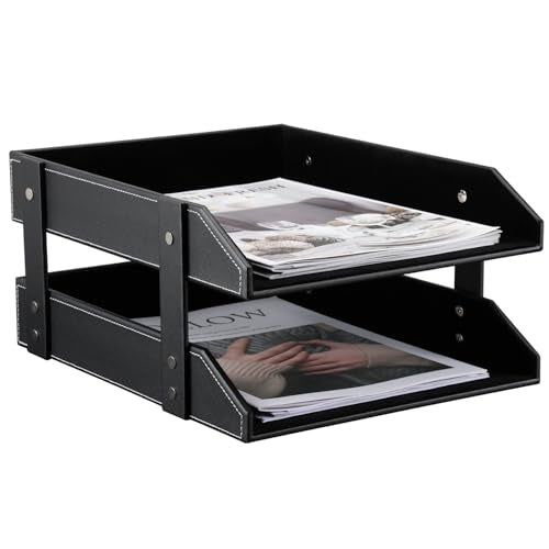 KINGFOM Letter Tray, Leather Paper Organizer Tray, Wooden Desk File Holder, Desktop File, Stackable Magazine Holder, Mail Sorter, Great for Home or Office - 2 Level Black