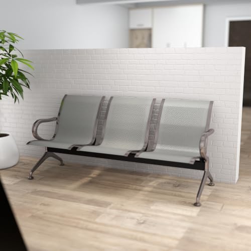 kairohill 3-Seat Metal Waiting Room Chair Durable Steel Waiting Room Bench with Armrests, Reception Chair for the Waiting Area at Hair Salon, Airport, Clinic, Shop & Home, Grey