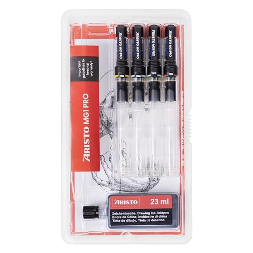 Aristo AH64400 mg1 Pro Basic Set of 5 Ink Filler (4 Ink Fillers mg1 Pro, Line Widths 0.25/0.35/0.5/0.7 mm, Drawing Ink Black)