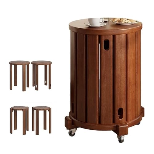 Acivirdde Solid Wood Side Table with Wheels, Round Stacking Stool Set, Multifunctional Combination Table and Chairs (Walnut)