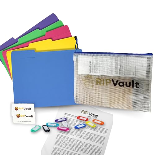 Ripvault Estate & Personal Document Organizer Kit - Included 1 Document Bag (Zipper Bag), 2 Next of Kin Cards, 8 Key Tags | Complete Set of File Folders & Printed Pages - Important Document Storage