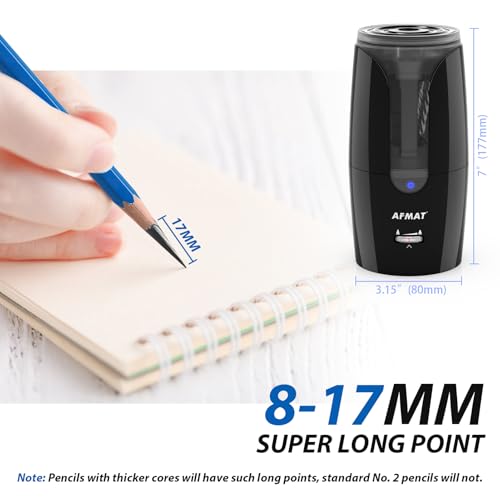 AFMAT Rechargeable Long Point Pencil Sharpener for Artist, Fast Sharpen & Auto Stop, 8-17mm Long Point, Electric Artist Pencil Sharpener for φ6-12mm Charcoal/Drawing/Sketching/Colored Pencils PS29