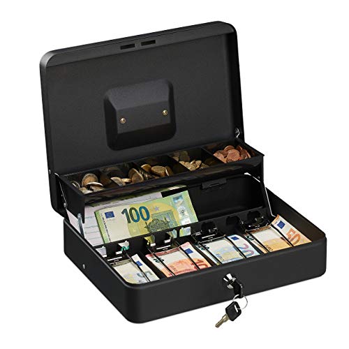 Relaxdays Lockable box, coin insert and 4 note compartments, iron box, HBD 8.5 x 30.5 x 24.5 cm, black