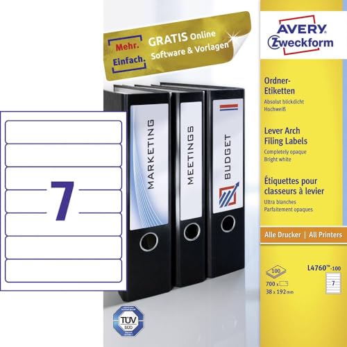 Avery Zweckform, L4760-100, Filing Labels, 100 Sheets, for Slim Ring Binders, Like Leitz, Elba, Esselte, Mehle, Herlitz, Bene, 192 x 38 mm