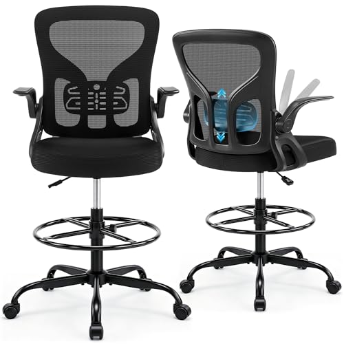 Hayelf Drafting Chair for Standing Desk, Tall Office Chair with 22"-30" Seat Height &7" Lift Footrest Ring, Ergonomic Executive Mesh Computer Counter Stool with Lumbar Support &Flip-up Arms for Artist