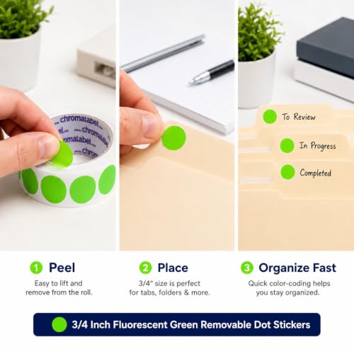 ChromaLabel Fluorescent Green Removable Dots 3/4 Inch, 5 Rolls, 5,000 Total