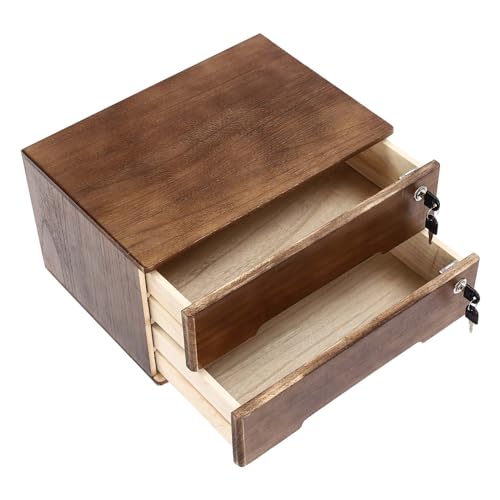 Kaichenyt Wooden Desk Organizer 2 Tier Solid Color Flat File Cabinet with Drawers & Lock & 4 Keys Modern Lockable Desktop Organizing Unit for Home Office Supplies File (Walnut)