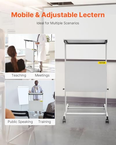 VEVOR Portable Floor Lectern, Height Adjustable, Wheeled Lectern with Dual-Layer Storage Shelf, Teacher Speaker Standing Desk, Podium Stand Classroom Presentation Stand for Speech, Church
