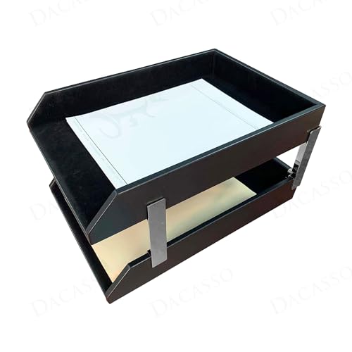 DACASSO Classic Black Leather Double Legal Letter Tray Stacking Set w/Silver Posts - Luxury Executive Decor and Office Essential - Desk Surface Protector