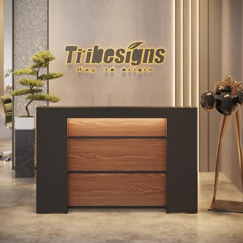 Tribesigns Modern Reception Desk with LED Lights, 63 Inches Front Counter Table for Reception Room (Black&Brown)