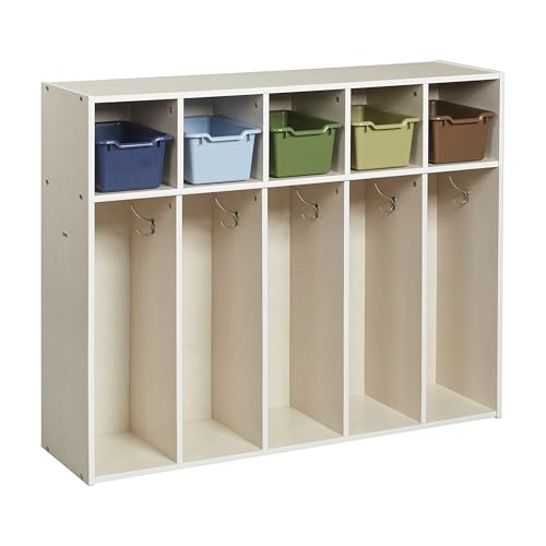 ECR4Kids 5-Section Toddler Coat Locker with Bins, White Wash, Earthtone