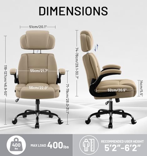 AreShark Ergonomic Office Chair with Lumbar Support, 400lbs Heavy Duty Big and Tall Executive Desk Chair, PU Leather High Back Computer Chair with Flip-Up Arms & Adjustable Headrest, Khaki