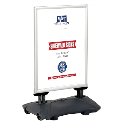 M&T Displays WindPro Lite Weather and Wind Resistant - Outdoor Pavement Curb Sidewalk Sign Holder, Silver, Aluminum, Easy Front Loading Snap Frame, Durable LDPE, Gray Water Base (24x36 inch)