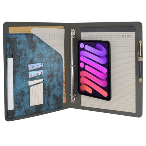 Tablet Binder Portfolio Case with Clipboard Folio Cover, 3-Ring Binder Padfolio Organizer Folder with Removable Tablet Holder, Compatible with iPad mini (A17 Pro)/ iPad mini 6th, Blue