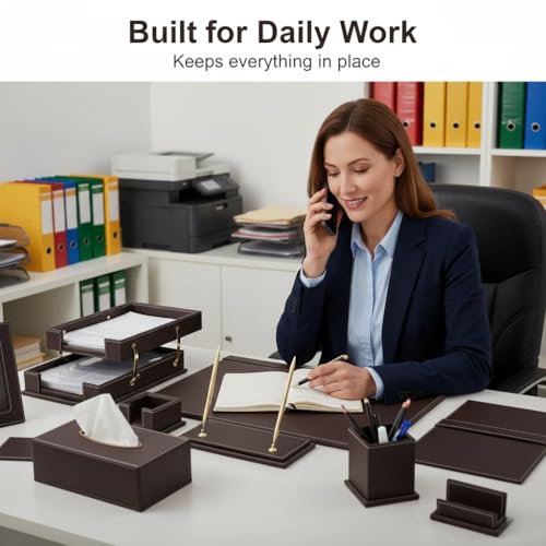 RitPin Leather Desk Set, 13-Piece All-in-One – Executive Desk Accessories & Office Supplies,Desk Organizer with Desk Pad & Blotter, 2-Tier Letter Tray, Luxury Office Desk Decor & Boss Gifts (Brown)