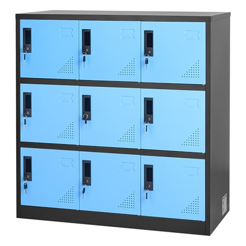 VEVOR 9 Doors Metal Locker for Employees, Steel Locking Storage Cabinet with Card Slot and Ventilation, 2 Keys for Each Door, Employee Lockers for Office, School, Gym, Home, Easy Assembly, Blue&Black