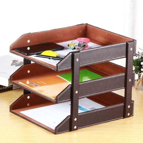 MNBVH File Racks Letter Trays File Racks 3-Layer Removable Wood PU Leather Desktop Filing Document Tray Stackable Document Tray(Color:B)