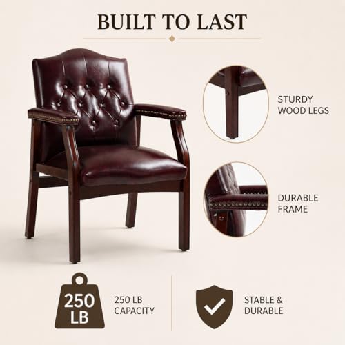 Elyveont Burgundy Leather Office Reception Chair No Wheels with Arms, Guest Waiting Room Chairs with Padded Seat, Executive Side Lobby Chair for Conference, Church, Pastors