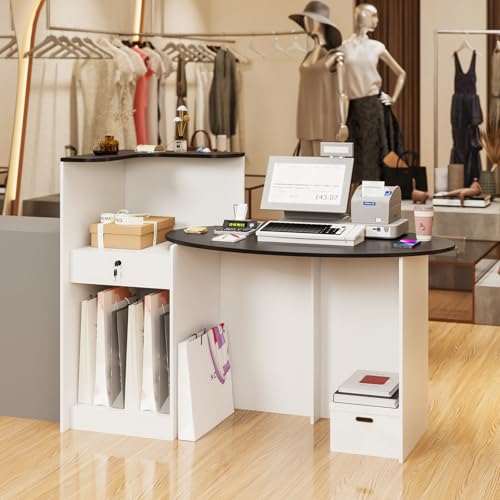 SILKYDRY Reception Desk, 54" Large Retail Checkout Counter with Lockable Drawer and Open Shelves, Wooden Front Desk Reception Counter, Oval Desktop & L Counter for Store Office Lobby Salon