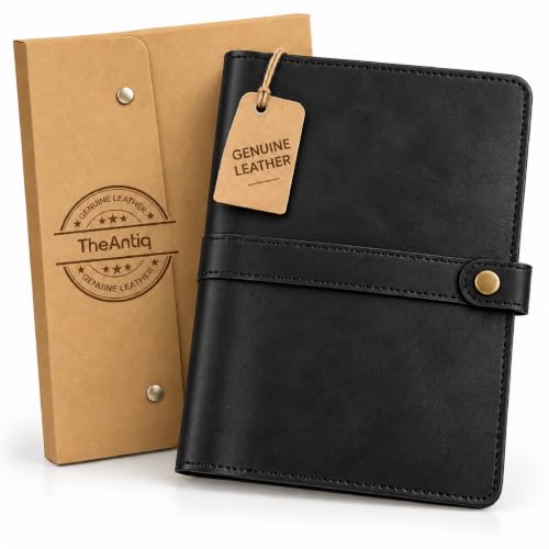TheAntiq Genuine Leather A5 Journal Cover with Snap Closure – Handmade Refillable Notebook with Card Slots, Pen Holder, Travel Writing Diary for Office & Gift Use 5.75 x 8.25 (Black)