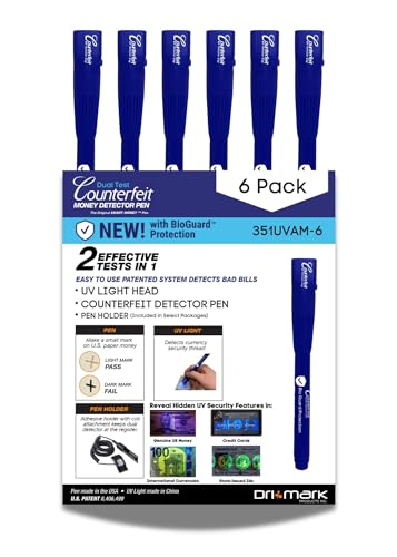 Dri Mark BioGuard Dual Test Counterfeit Money Detector Pen withUV Light Head (6 Pack Dual Test)