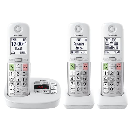 Panasonic Cordless Phone, Easy to Use with Large Display & Big Buttons, Flashing Favorites Key, Flashlight, Call Block, Volume Boost, Talking Caller ID, House Phones, 3 Handsets - KX-TGU433W