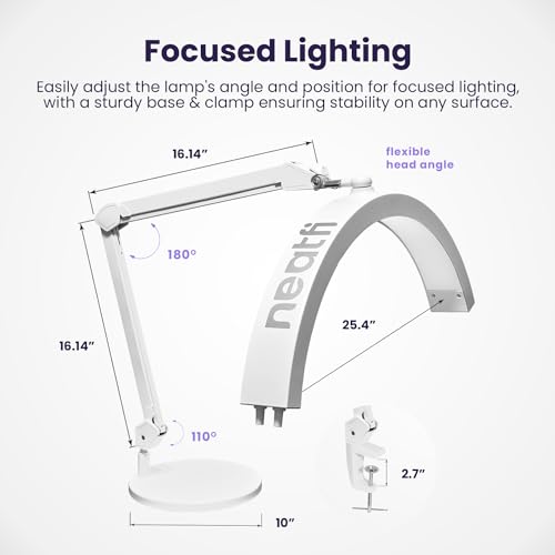 Neatfi Half Moon LED Table Lamp for Estheticians – 2,500 Lumens | CCT Dimming, 5 Light Modes | Professional Task Lamp for Nail Art, Facials, Threading & Tattoos (White, CCT with Base and Clamp)