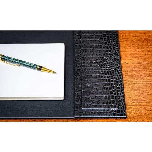 Dacasso 25.5” x 17.25” Black Crocodile Embossed Luxury Leather Desk Pad w/Side Rails - Executive Desk Surface Protector - Blotter for Writing