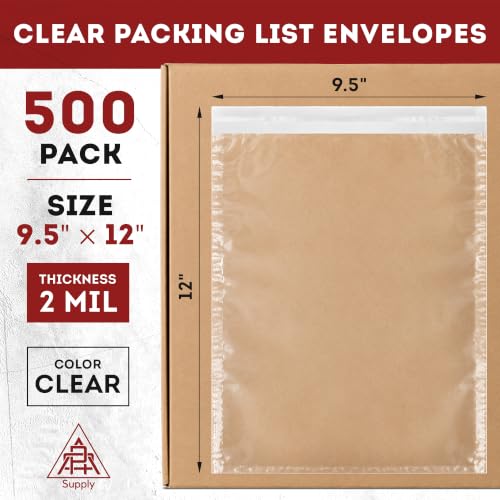 APQ Supply Clear Packing List Envelopes, 9.5 x 12 Inch Self Seal Shipping Document Pouches, 500 Pack for Business Warehouse E Commerce Fulfillment and Shipping Departments