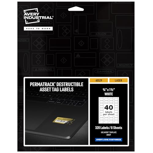 Avery White Asset Tag Labels, 3/4" x 1-1/2", Destructible Laser Printable Tags, 320 Waterproof Labels (60529)