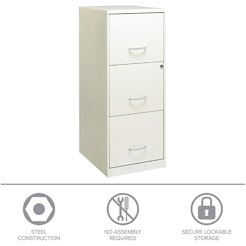 Scranton & Co 18" Deep 3 Drawer Metal Vertical Filing Cabinet, Letter Size, Locking, Home Office, in Pearl White