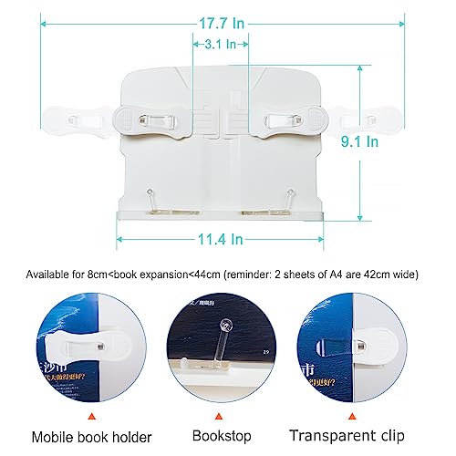 Buhelyc Book Stand with Clamp, Tablet Stand Holder, Adjustable Height, with Page Clips for Reading Hands Free, Sturdy, Rotatable, Table Side Design, Suitable for Book, Tablet, Phone