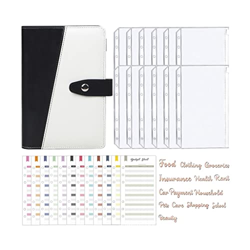 A6 PU Leather Binder Budget Planner Cash Envelope System with 12 PCS Pockets, 12PCS Expense Budger Sheets(Black)
