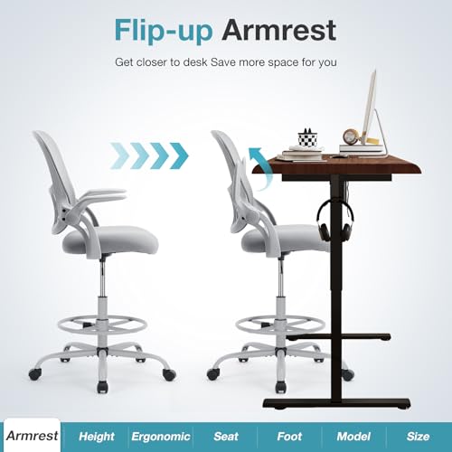 COZIFURNI Drafting Chair Tall Office Chair for Standing Desk Counter Height Adjustable, Egronomic Lumbar Support with Flip Up Armrest, Footrest, Rolling, Grey, 1pc
