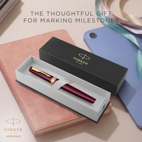PARKER Meridian Rollerball Pen | Red Lacquer with Gold Trims | Fine Nib | Handwriting Pens & Stationery Supplies | Black Ink | Luxury Gift Box