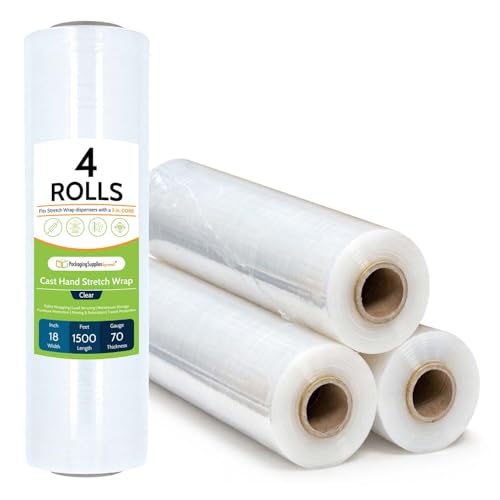 PSBM Stretch Wrap, 4 Rolls 18 Inch x 1500 Feet 70 Gauge Heavy Duty up to 800% Ultimate Stretch Clear Plastic Wrap Industrial Strength Shrink Film for Moving, Packing & Shipping