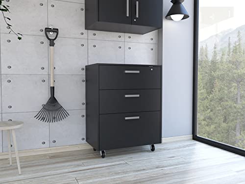 Penny Storage Cabinet with 3 Drawers, 4 Casters, and Padlock, Black