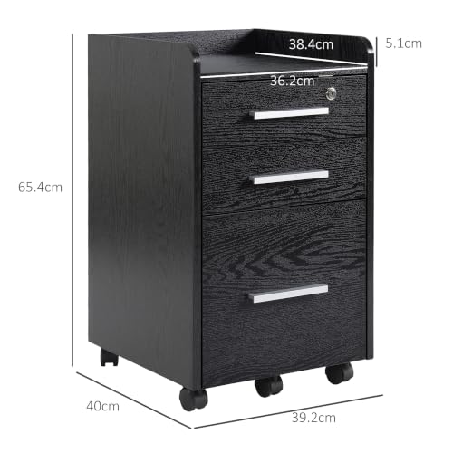 HOMCOM Office File Cabinet with 3 Drawers, 5 Wheels 39 x 40 x 65.5 cm Black
