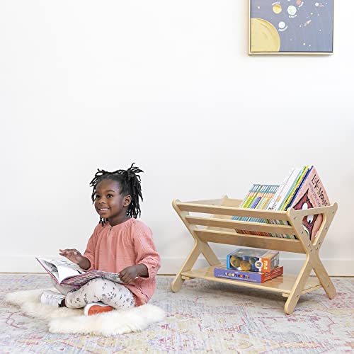 ECR4Kids Wooden Book Caddy with Storage Shelf and Handles, Natural