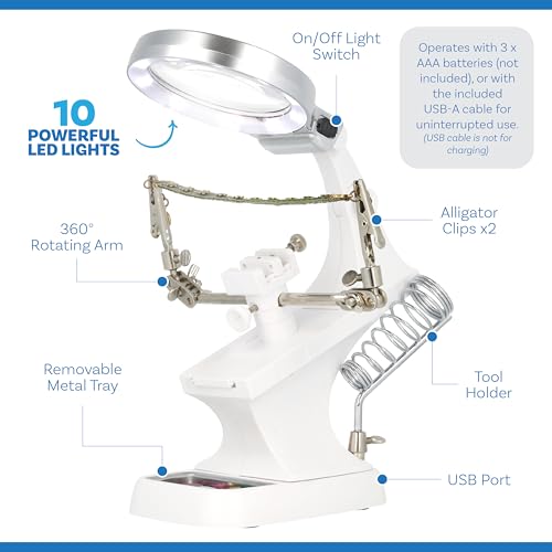 The Beadsmith Third Hand Magnifier – 3.0X Lens w/ 4.5X Inset Lens, 10 LED Lights, Fully Adjustable, Includes Alligator Clips, Tool Holder, & Removable Metal Tray